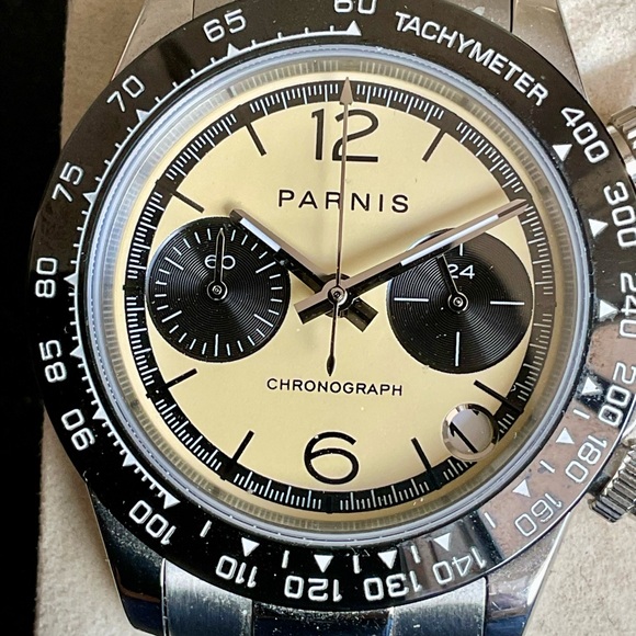 EUC Parnis 39mm Quartz Panda Chronograph w Tachymeter Date S/S Bracelet Links+ - Picture 7 of 9